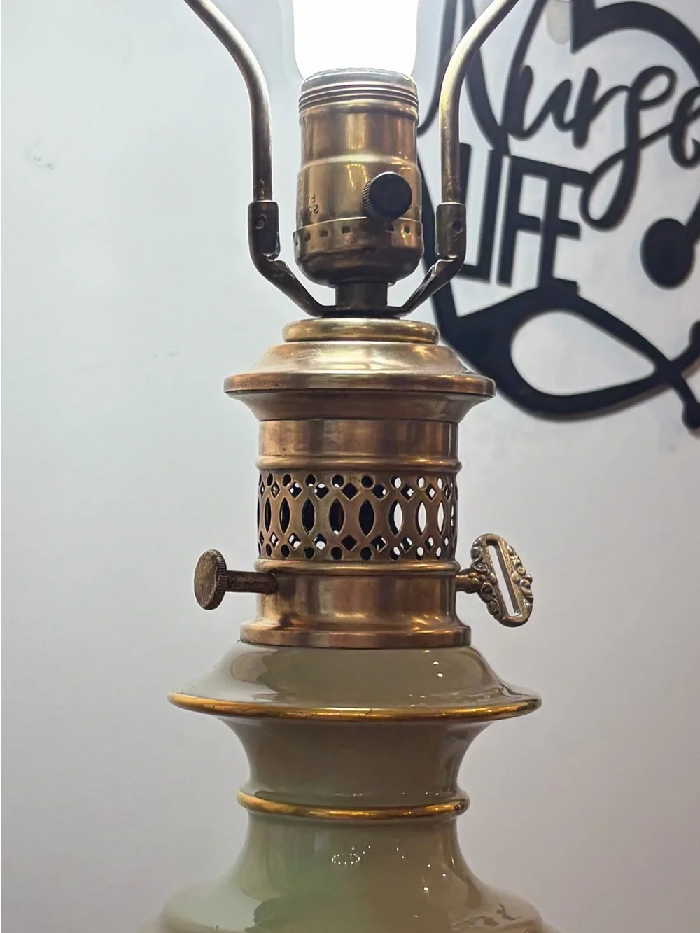 Victorian Pastoral scene porcelain brass Table Lamp sage green Gold Trim